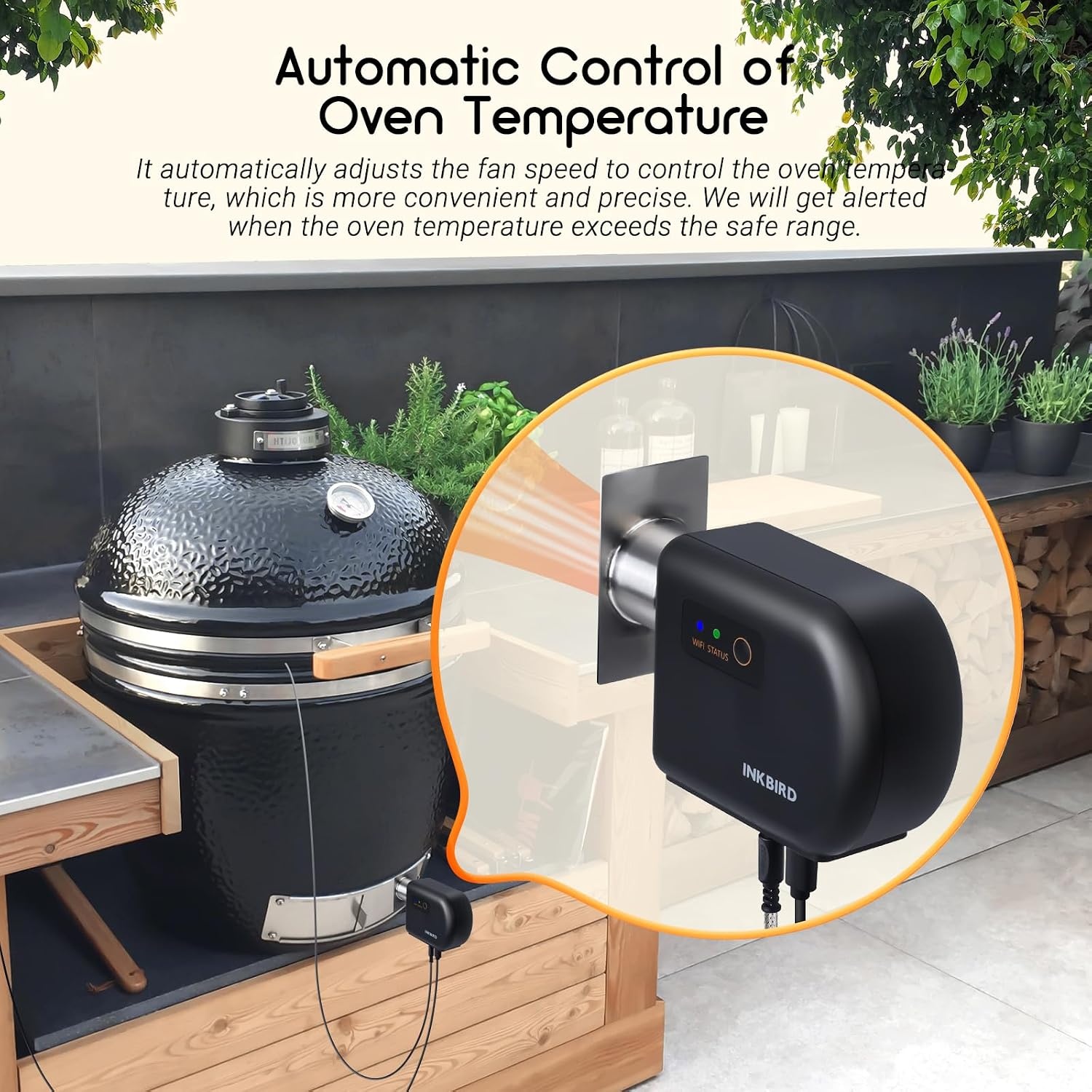 Inkbird Grillgebläse Bluetooth 5.1 Grillventilator, automatischer Smoker | Wi-Fi 2,4 GHz, Grillthermometer Kompatibel mit Big Green Egg, Kamado Joe, Primo, Vision Grill, Akorn Kamado, mit 4 Sonden - Maat ISC-027-BW