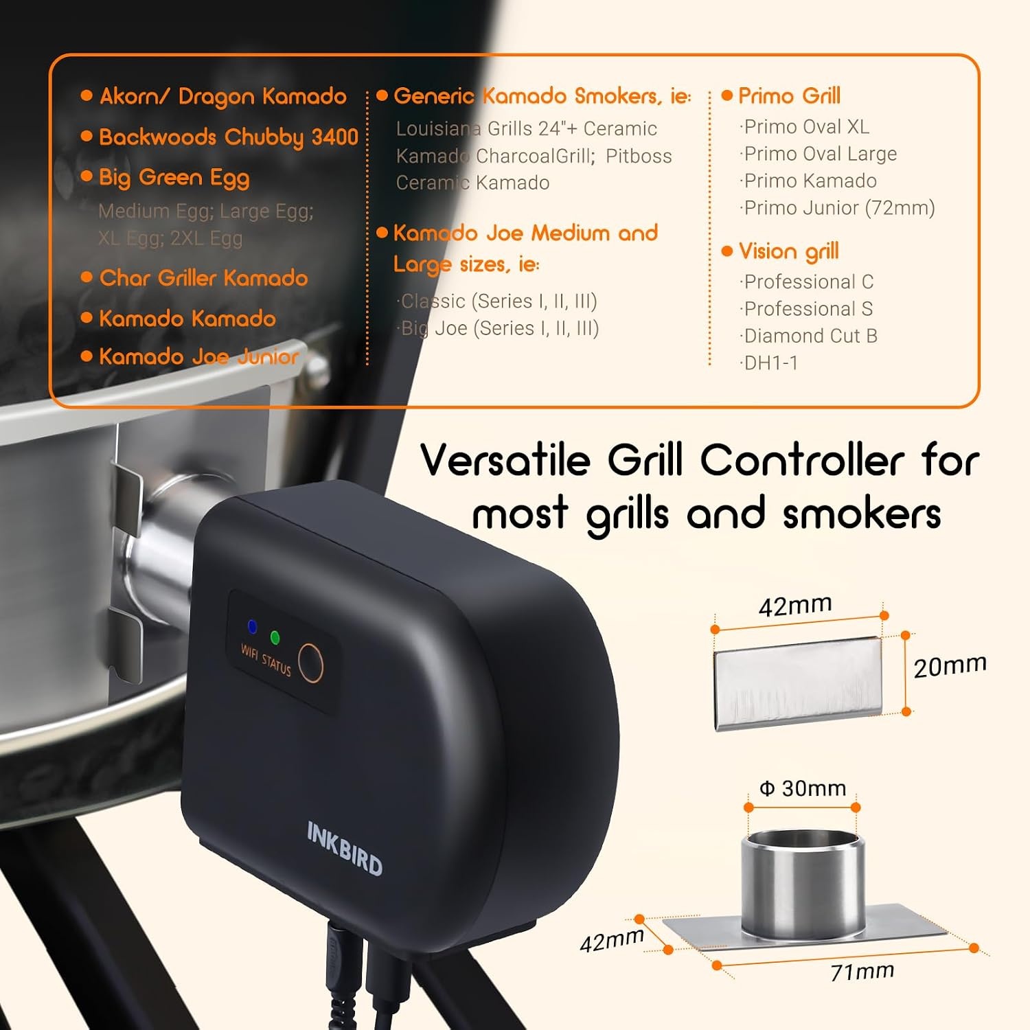 Inkbird Grillgebläse Bluetooth 5.1 Grillventilator, automatischer Smoker | Wi-Fi 2,4 GHz, Grillthermometer Kompatibel mit Big Green Egg, Kamado Joe, Primo, Vision Grill, Akorn Kamado, mit 4 Sonden - Maat ISC-027-BW