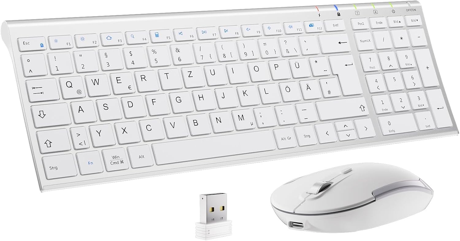 Draadloze Toetsenbord & Muis Set 2.4G QWERTZ Layout Wit | Numeriek Toetsenblok Ergonomisch | Slank Lichtgewicht Aluminium/ABS