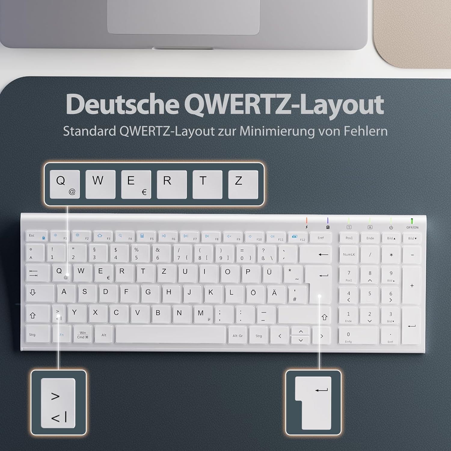 Draadloze Toetsenbord & Muis Set 2.4G QWERTZ Layout Wit | Numeriek Toetsenblok Ergonomisch | Slank Lichtgewicht Aluminium/ABS