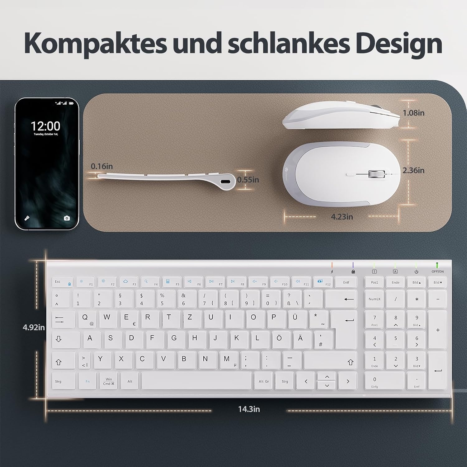 Draadloze Toetsenbord & Muis Set 2.4G QWERTZ Layout Wit | Numeriek Toetsenblok Ergonomisch | Slank Lichtgewicht Aluminium/ABS