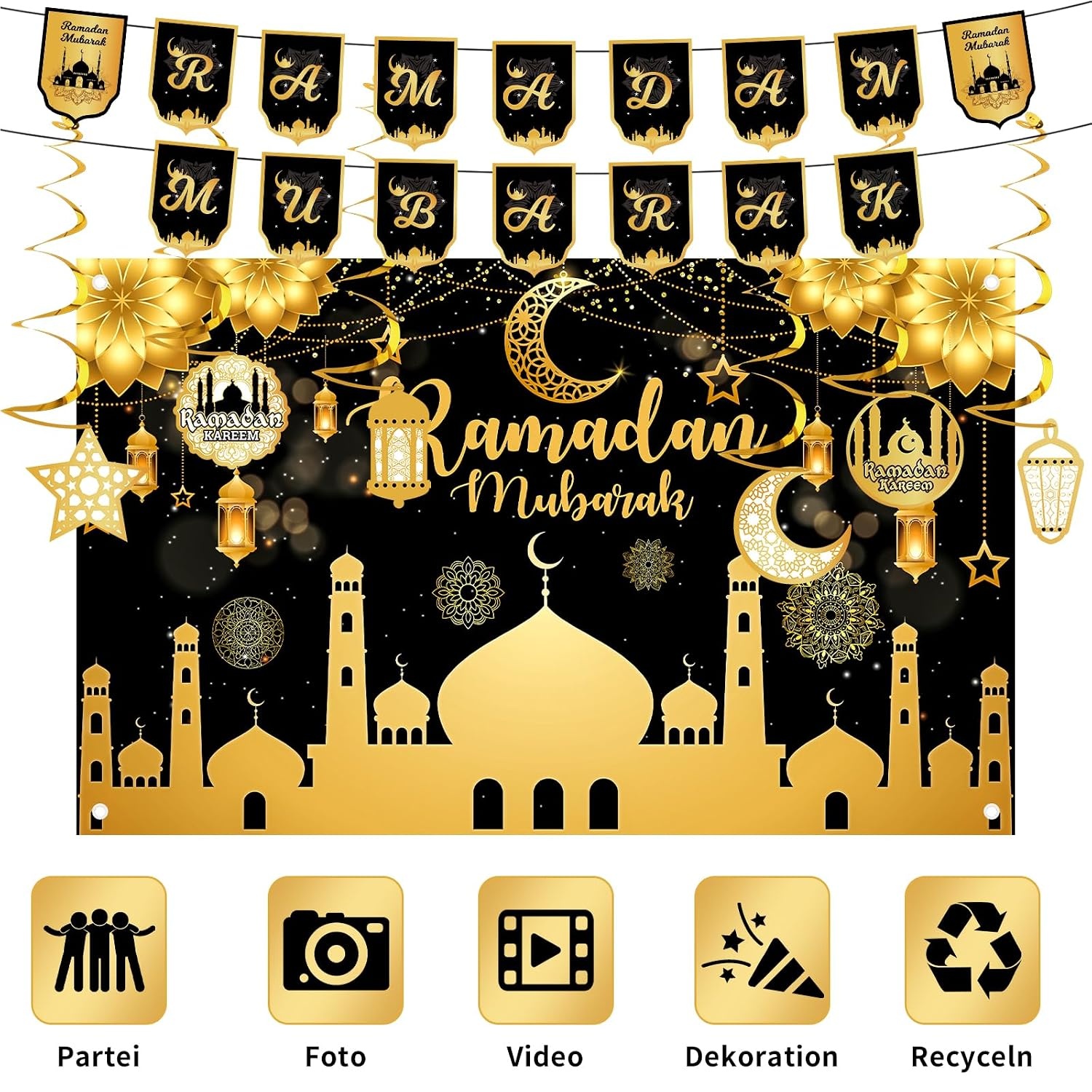 Ramadan & Eid Banner (Extra Groot, Zwart Polyester) - 76% Korting!
