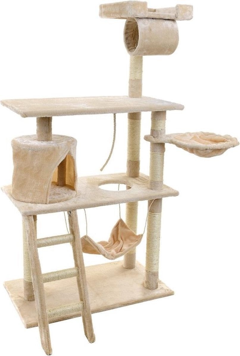 Krabpaal Speelhuis Kat 140cm Beige met Hangmat & 5 Plateaus (34% Korting)