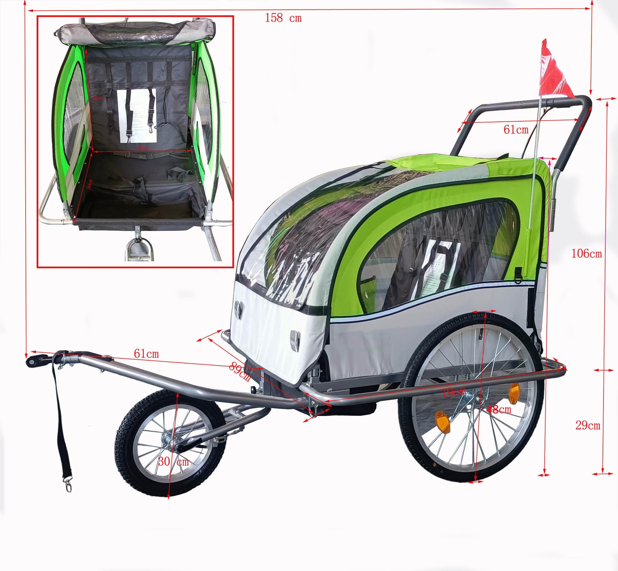 Fietskar kind - fietsaanhanger - met schokbreker - lime groen