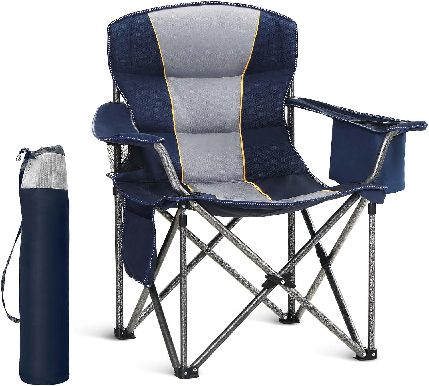 HIGH POINT SPORTS Extra grote draagbare camping vouwstoel ondersteuning 450 lbs | Blauwe, opvouwbare buitenstoel, gazon kampstoel voor volwassenen, met bekerhouder en koeltas