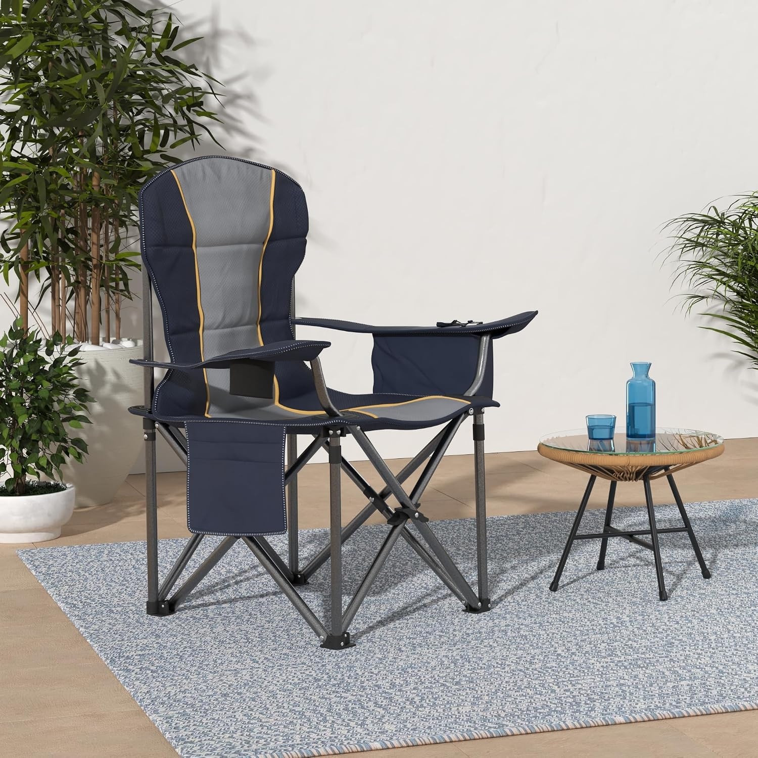 HIGH POINT SPORTS Extra grote draagbare camping vouwstoel ondersteuning 450 lbs | Blauwe, opvouwbare buitenstoel, gazon kampstoel voor volwassenen, met bekerhouder en koeltas