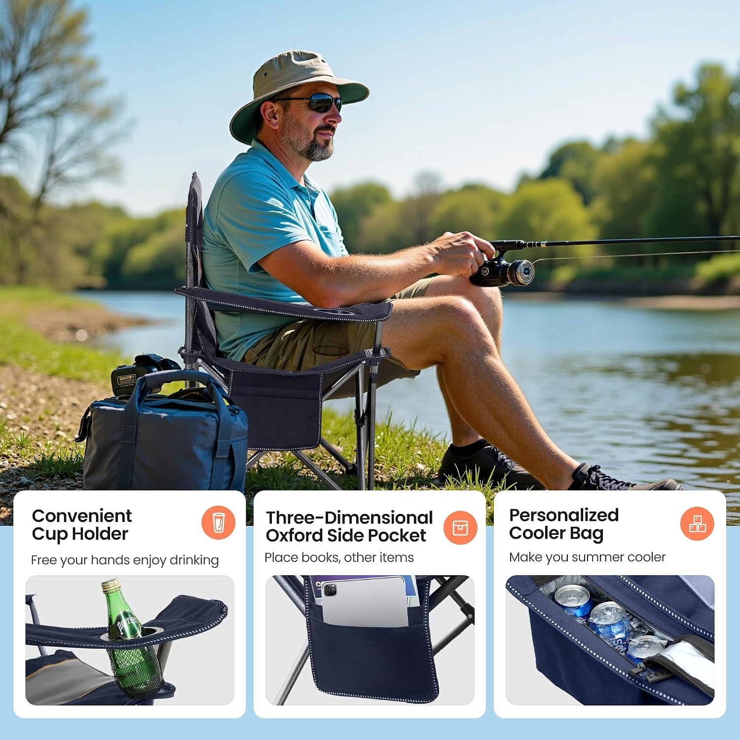 HIGH POINT SPORTS Extra grote draagbare camping vouwstoel ondersteuning 450 lbs | Blauwe, opvouwbare buitenstoel, gazon kampstoel voor volwassenen, met bekerhouder en koeltas