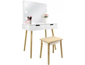 Kaptafel met Spiegel, Kruk & 6 LED-lampjes - Scandinavisch Design - 35% Korting