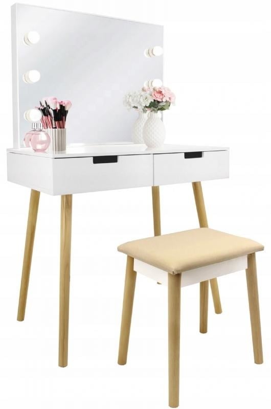 Kaptafel met Spiegel, Kruk & 6 LED-lampjes - Scandinavisch Design - 35% Korting