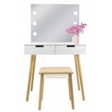 Kaptafel met Spiegel, Kruk & 6 LED-lampjes - Scandinavisch Design - 35% Korting