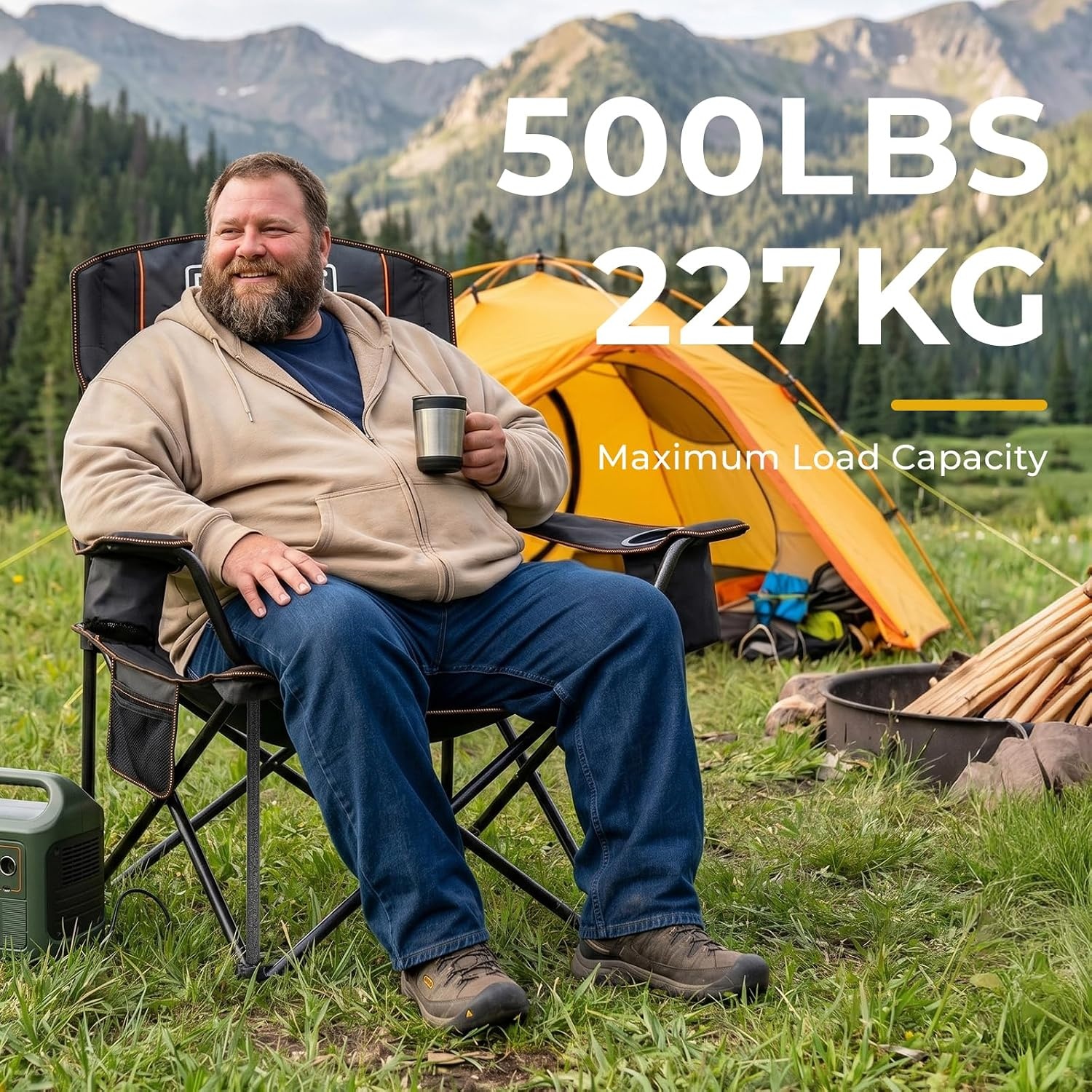 2x Campingklapstoel Zwart: Extra Groot, 204kg Draagvermogen