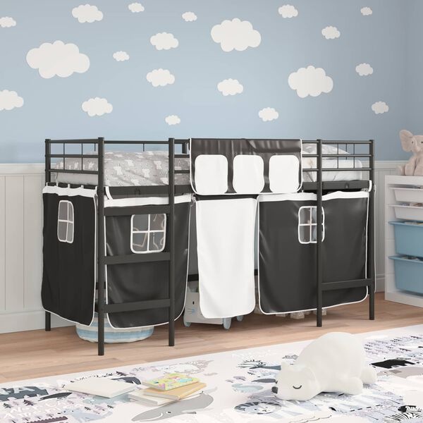 Kinder Loftbed Zwart 90x190 cm met Gordijnen - 35% Korting!