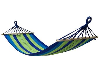 Groen blauw gestreepte hangmat (200x80cm) met dwarsstang - 33% Korting