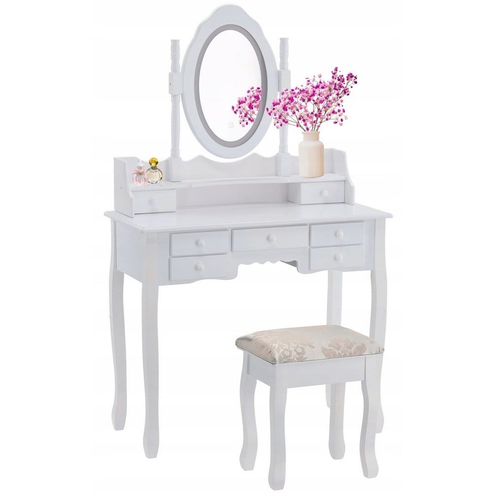 Kaptafel met Spiegel, Licht & Kruk - Wit - 35% Korting