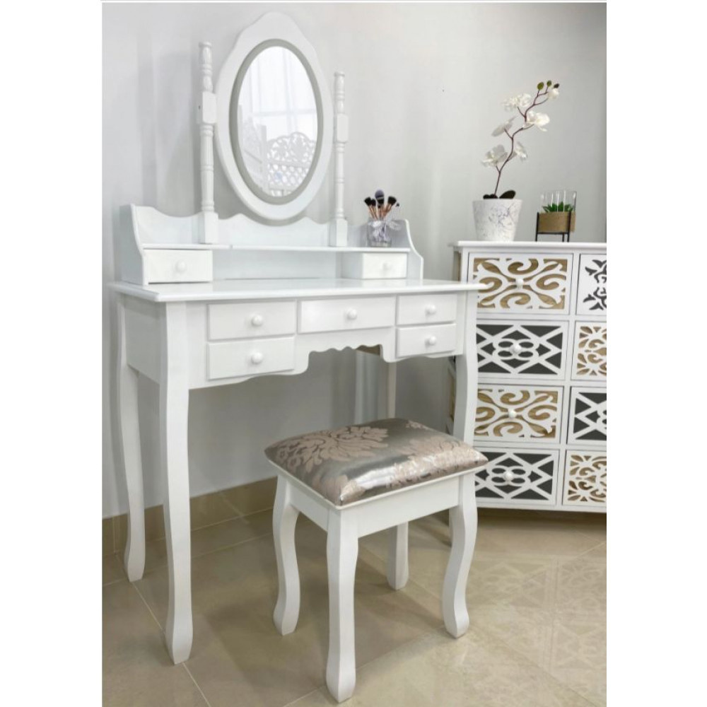 Kaptafel met Spiegel, Licht & Kruk - Wit - 35% Korting