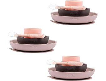 Kinder Tafelservies Set 4-delig Siliconen Roze/Aubergine - Bord, Kom, Beker, Lepel - BPA-vrij
