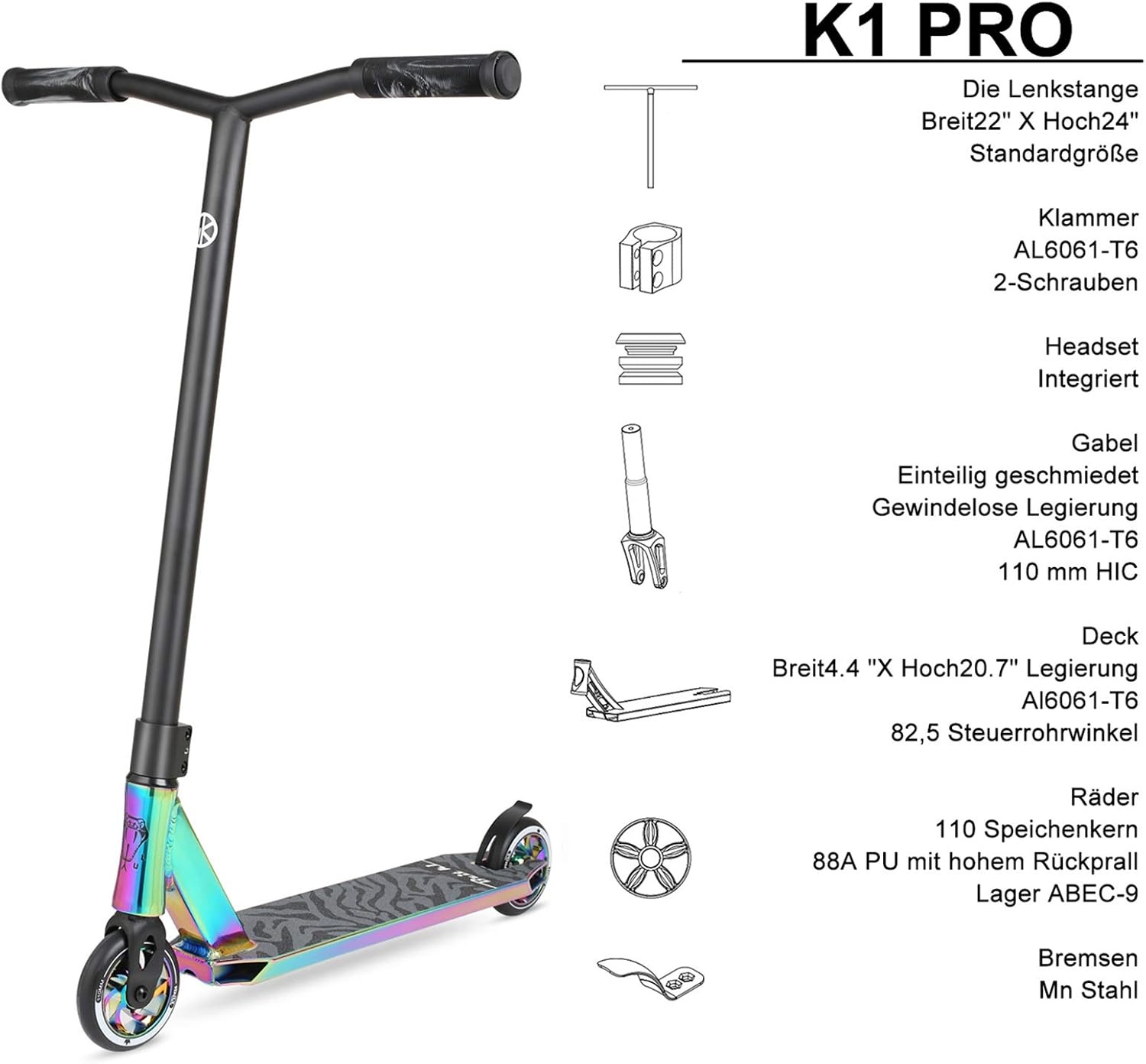 VOKUL Pro Scooter K1 Stuntstep voor kinderen van 7 jaar ouder, tieners en volwassenen, stuntstep met wielen van 110 mm