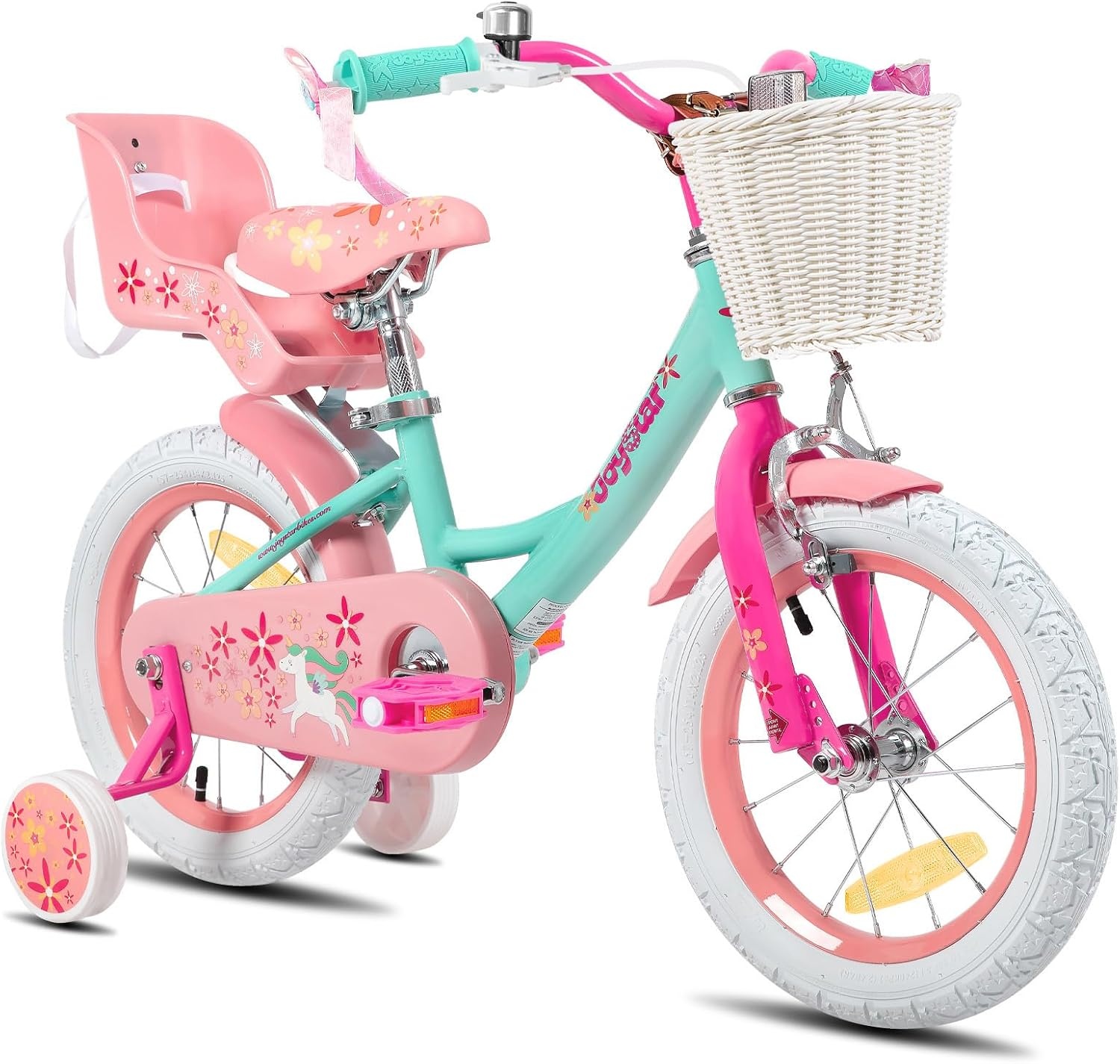 JOYSTAR Eenhoorn-fiets 12/14/16/18 inch voor meisjes van 2 tot 9 jaar, kinderfiets met polszitje en steunwielen en mand