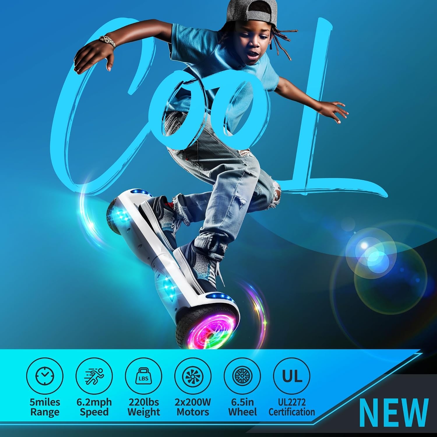 All Terrain Hoverboard voor kinderen, 6,5 inch banden, grote batterij, hoverboard, bluetooth-luidspreker en 3D-ledverlichting, UL2272 gecertificeerd