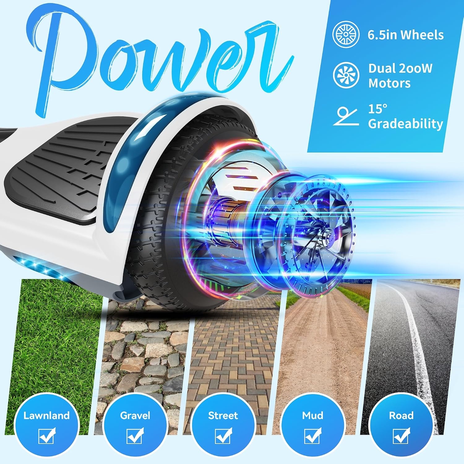 All Terrain Hoverboard voor kinderen, 6,5 inch banden, grote batterij, hoverboard, bluetooth-luidspreker en 3D-ledverlichting, UL2272 gecertificeerd