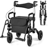 FANTASK 2-in-1 rolstoel & reisrollator, rollator van aluminium met opvouwbaar design, zwarte reisrollator met hoogteverstelsysteem, rolstoel met tas en stokhouder