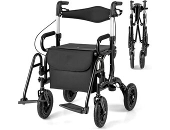 FANTASK 2-in-1 rolstoel & reisrollator, rollator van aluminium met opvouwbaar design, zwarte reisrollator met hoogteverstelsysteem, rolstoel met tas en stokhouder