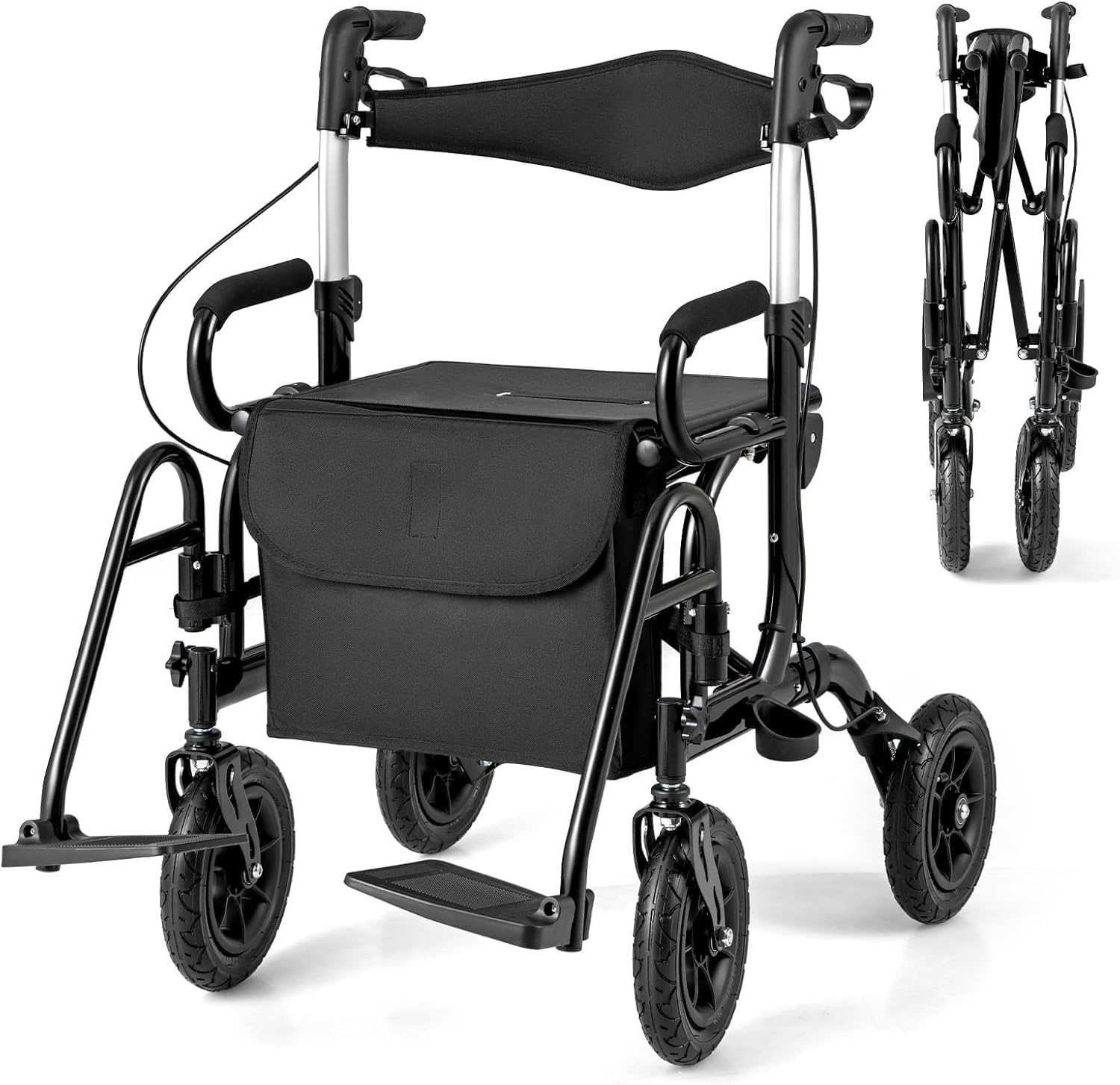 FANTASK 2-in-1 rolstoel & reisrollator, rollator van aluminium met opvouwbaar design, zwarte reisrollator met hoogteverstelsysteem, rolstoel met tas en stokhouder