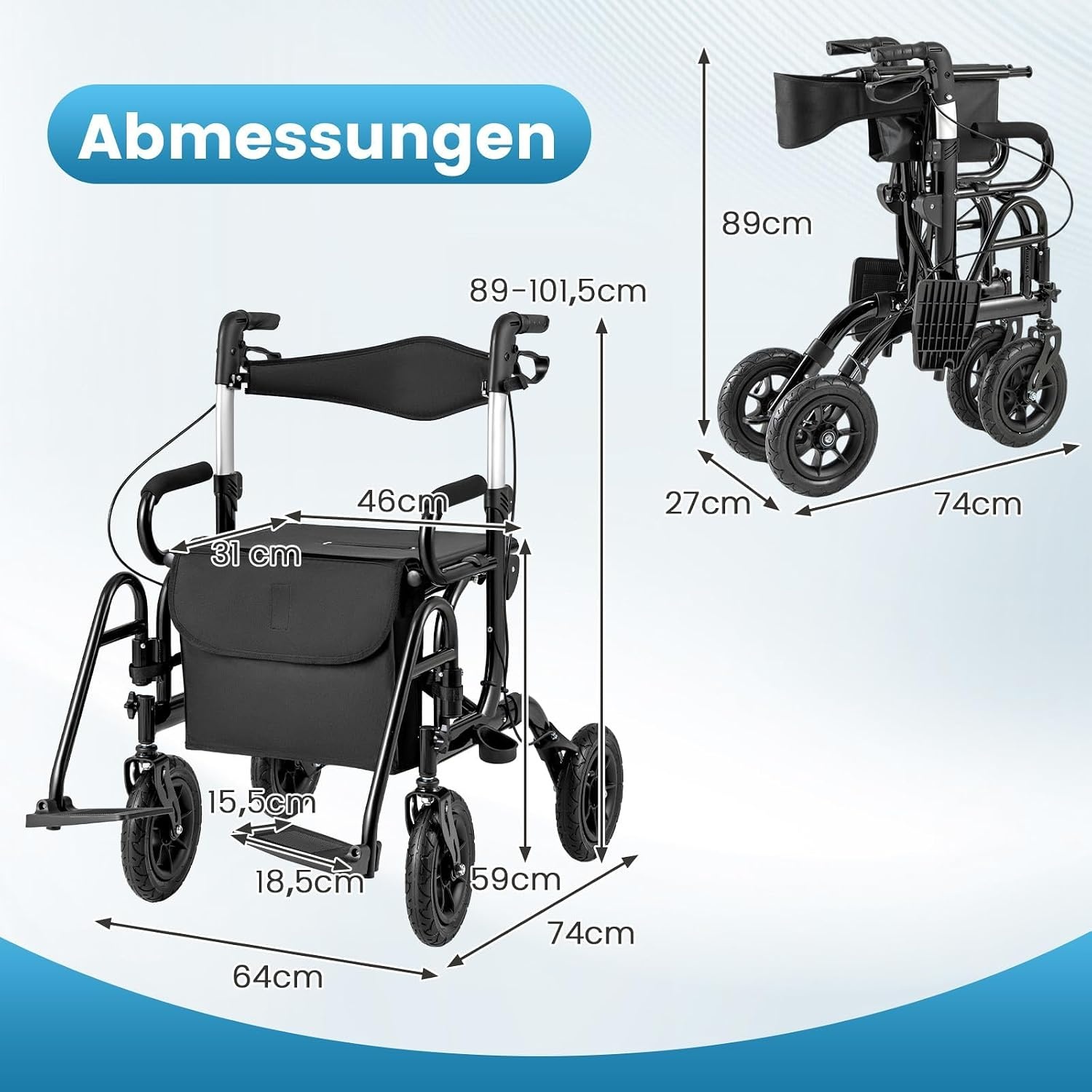 FANTASK 2-in-1 rolstoel & reisrollator, rollator van aluminium met opvouwbaar design, zwarte reisrollator met hoogteverstelsysteem, rolstoel met tas en stokhouder