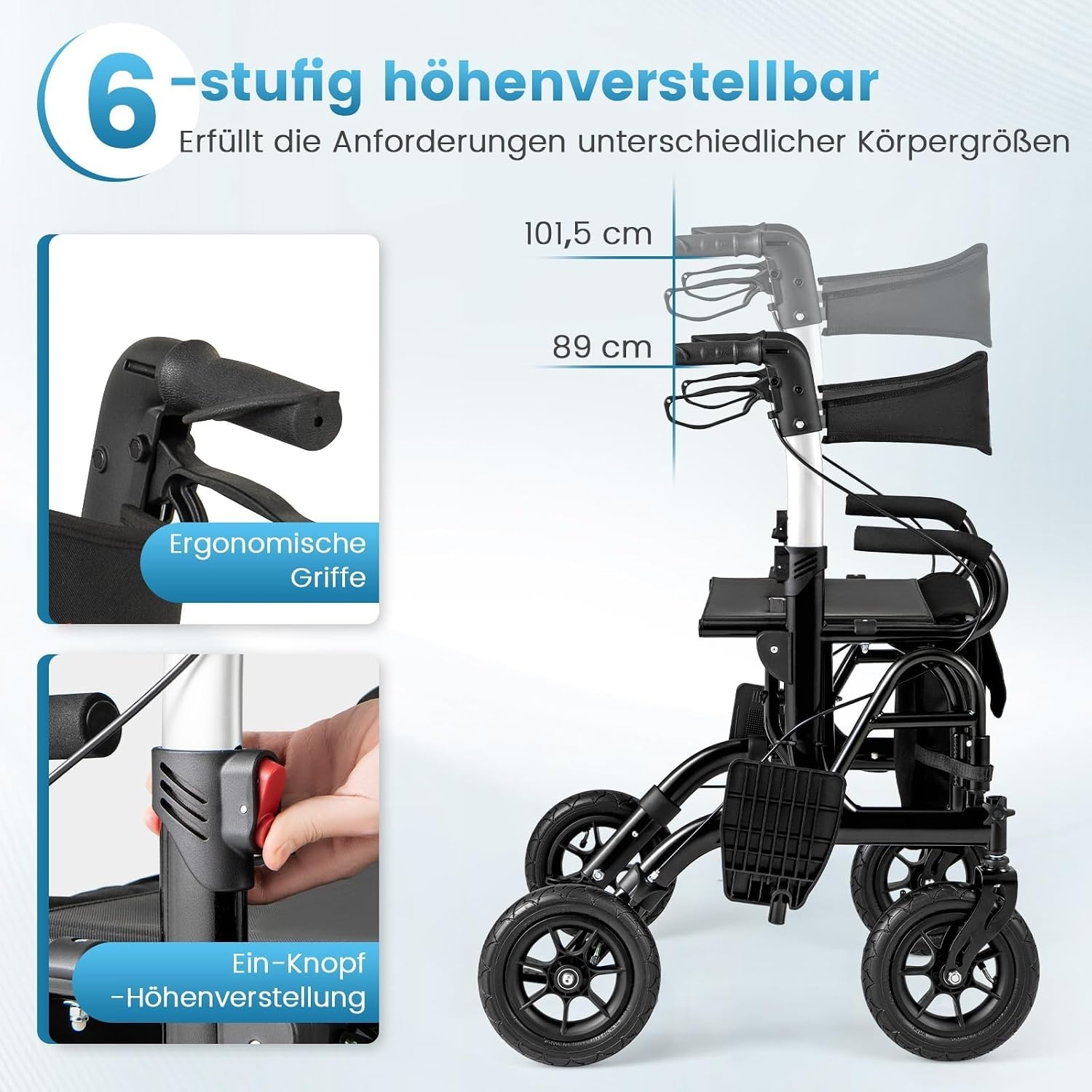 FANTASK 2-in-1 rolstoel & reisrollator, rollator van aluminium met opvouwbaar design, zwarte reisrollator met hoogteverstelsysteem, rolstoel met tas en stokhouder