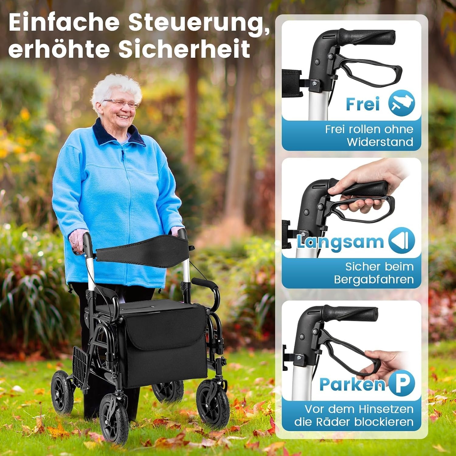 FANTASK 2-in-1 rolstoel & reisrollator, rollator van aluminium met opvouwbaar design, zwarte reisrollator met hoogteverstelsysteem, rolstoel met tas en stokhouder
