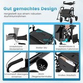 FANTASK 2-in-1 rolstoel & reisrollator, rollator van aluminium met opvouwbaar design, zwarte reisrollator met hoogteverstelsysteem, rolstoel met tas en stokhouder