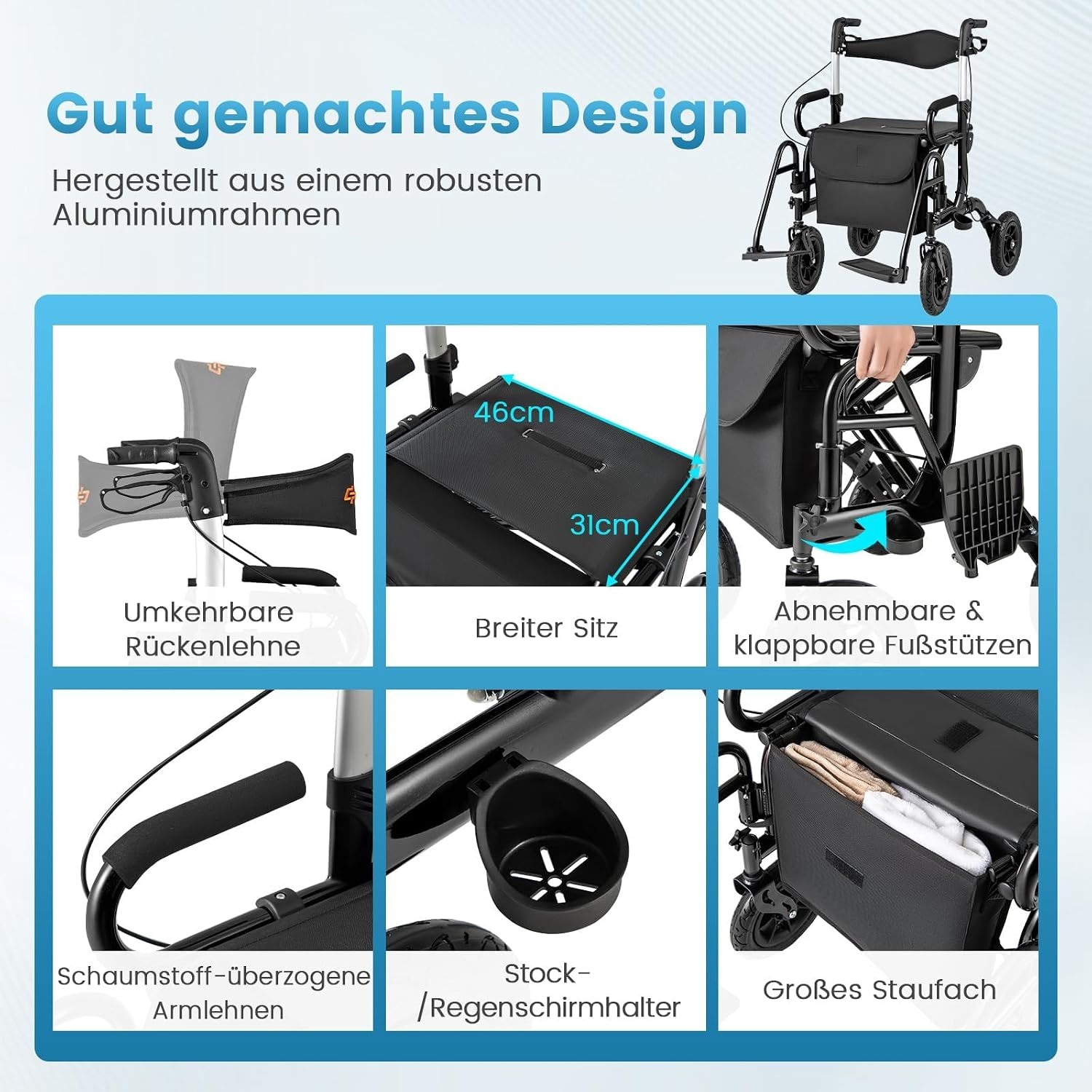 FANTASK 2-in-1 rolstoel & reisrollator, rollator van aluminium met opvouwbaar design, zwarte reisrollator met hoogteverstelsysteem, rolstoel met tas en stokhouder