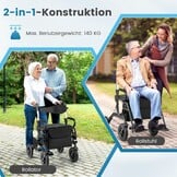 FANTASK 2-in-1 rolstoel & reisrollator, rollator van aluminium met opvouwbaar design, zwarte reisrollator met hoogteverstelsysteem, rolstoel met tas en stokhouder