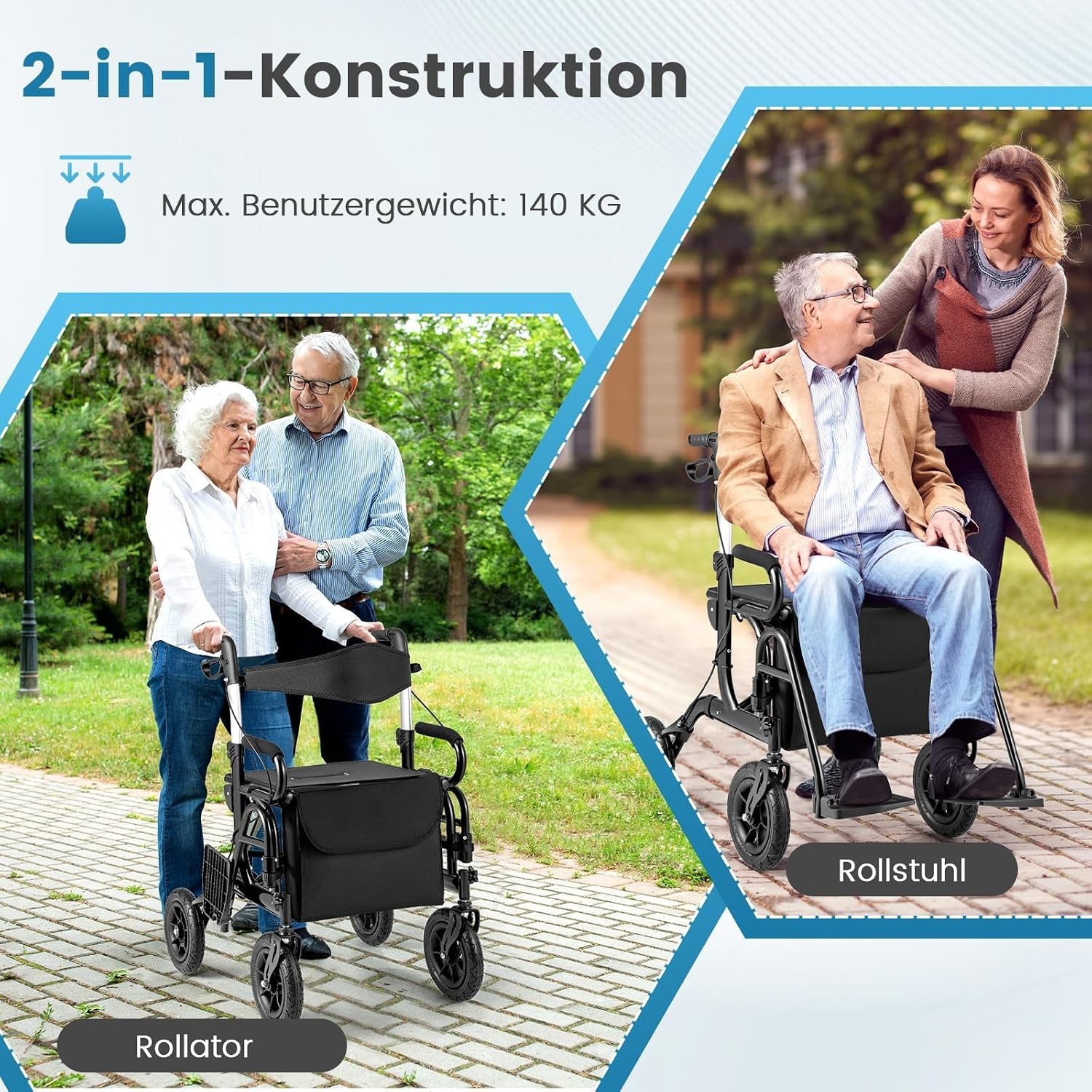 FANTASK 2-in-1 rolstoel & reisrollator, rollator van aluminium met opvouwbaar design, zwarte reisrollator met hoogteverstelsysteem, rolstoel met tas en stokhouder
