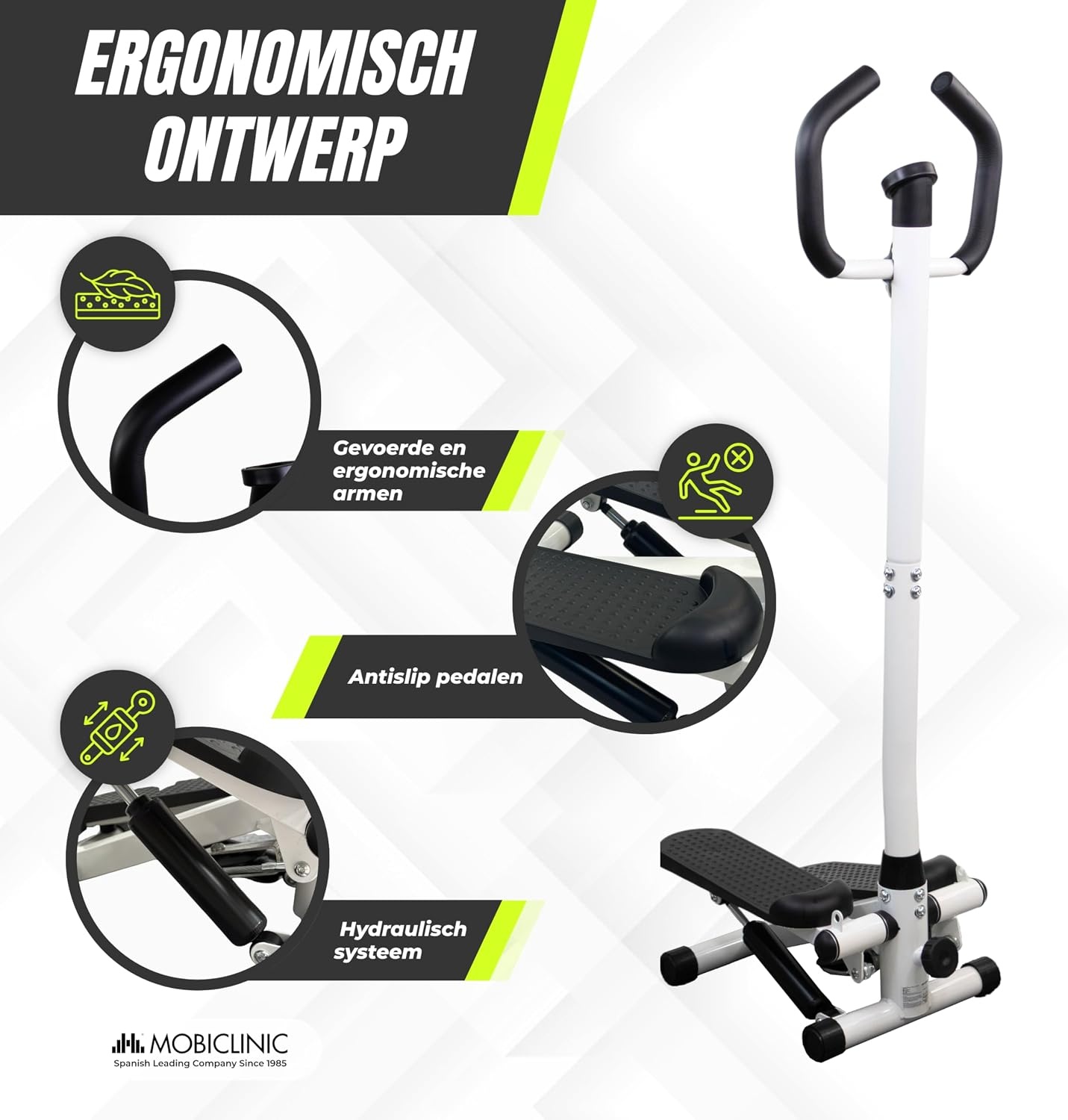 Mobiclinic®, Stepper met Stuur, in Hoogte Verstelbaar, LCD-Monitor, Instelbare Intensiteit, Antislippedalen, Stap-voor-Stapmachine, Compact, Thuisoefening, Step-Pro