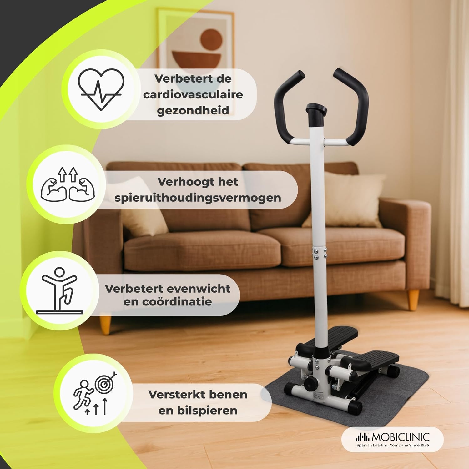 Mobiclinic®, Stepper met Stuur, in Hoogte Verstelbaar, LCD-Monitor, Instelbare Intensiteit, Antislippedalen, Stap-voor-Stapmachine, Compact, Thuisoefening, Step-Pro