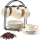 PORCER 6×130 ml(4.4 oz) Ceramic Coffee Cup & Saucer with Black Metal Stand Sets, Stackable Cappuccino, Espresso Cups for Specialty Coffee Drinks, Latte, Americano, Tea - Fun Colour, Reactive White