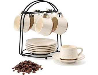 PORCER 6×130 ml(4.4 oz) Ceramic Coffee Cup & Saucer with Black Metal Stand Sets, Stackable Cappuccino, Espresso Cups for Specialty Coffee Drinks, Latte, Americano, Tea - Fun Colour, Reactive White