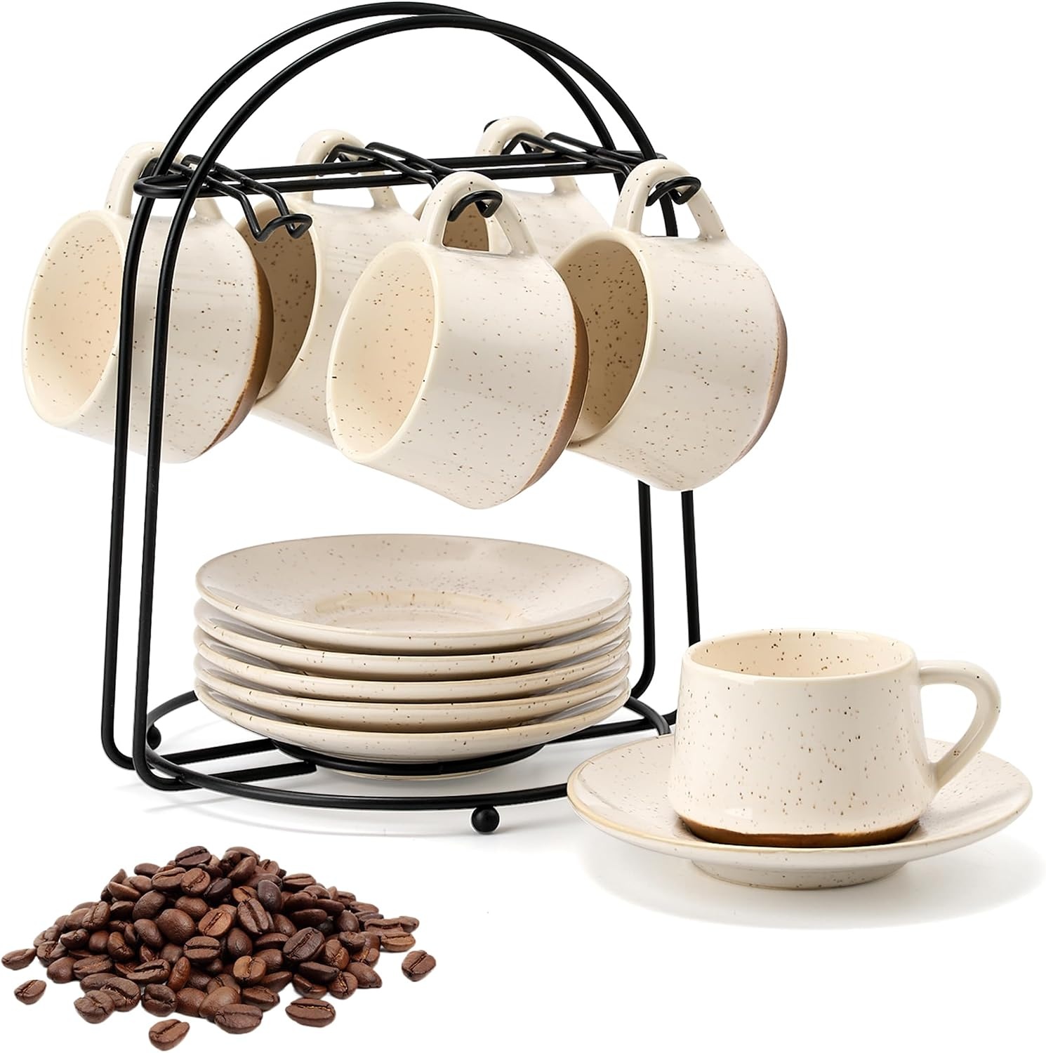 PORCER 6×130 ml(4.4 oz) Ceramic Coffee Cup & Saucer with Black Metal Stand Sets, Stackable Cappuccino, Espresso Cups for Specialty Coffee Drinks, Latte, Americano, Tea - Fun Colour, Reactive White