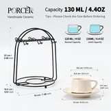PORCER 6×130 ml(4.4 oz) Ceramic Coffee Cup & Saucer with Black Metal Stand Sets, Stackable Cappuccino, Espresso Cups for Specialty Coffee Drinks, Latte, Americano, Tea - Fun Colour, Reactive White