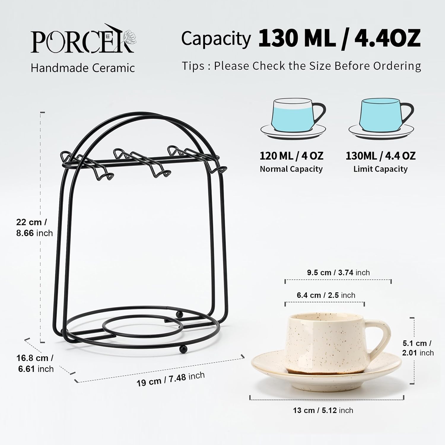 PORCER 6×130 ml(4.4 oz) Ceramic Coffee Cup & Saucer with Black Metal Stand Sets, Stackable Cappuccino, Espresso Cups for Specialty Coffee Drinks, Latte, Americano, Tea - Fun Colour, Reactive White