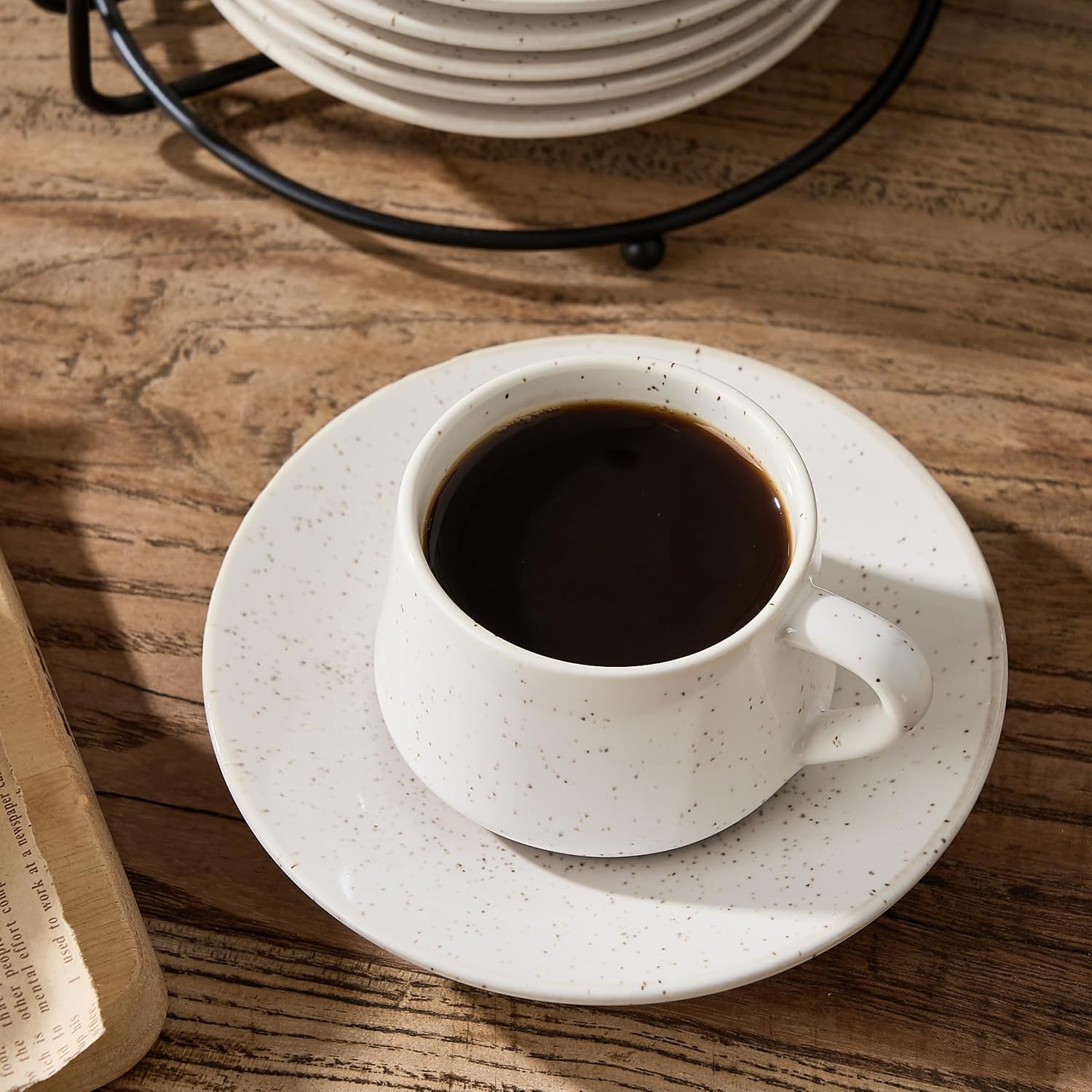 PORCER 6×130 ml(4.4 oz) Ceramic Coffee Cup & Saucer with Black Metal Stand Sets, Stackable Cappuccino, Espresso Cups for Specialty Coffee Drinks, Latte, Americano, Tea - Fun Colour, Reactive White