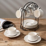 PORCER 6×130 ml(4.4 oz) Ceramic Coffee Cup & Saucer with Black Metal Stand Sets, Stackable Cappuccino, Espresso Cups for Specialty Coffee Drinks, Latte, Americano, Tea - Fun Colour, Reactive White