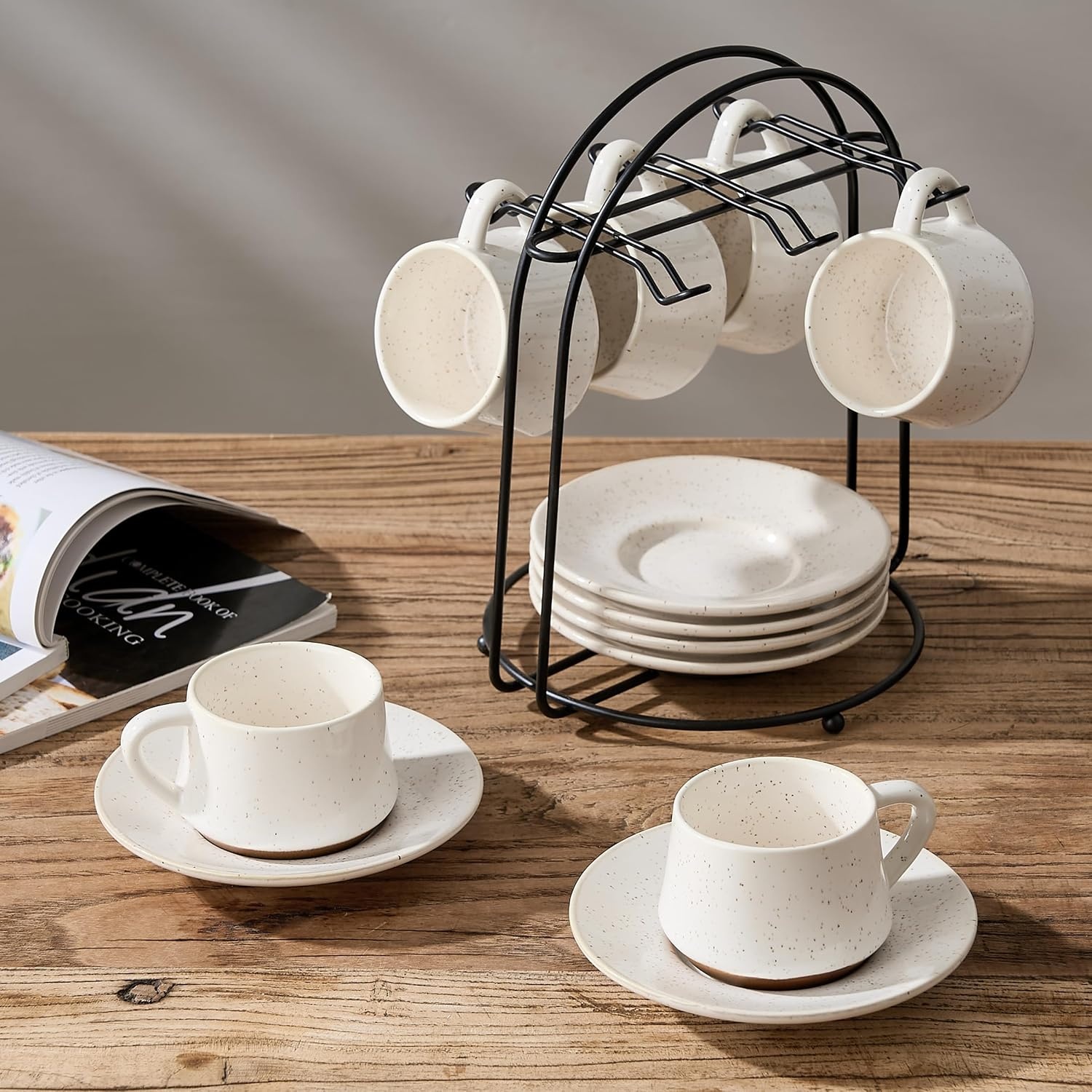 PORCER 6×130 ml(4.4 oz) Ceramic Coffee Cup & Saucer with Black Metal Stand Sets, Stackable Cappuccino, Espresso Cups for Specialty Coffee Drinks, Latte, Americano, Tea - Fun Colour, Reactive White