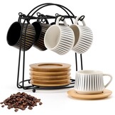 PORCER 6×130 ml(4.4 oz) Ceramic Coffee Cup & Saucer with Black Metal Stand Sets, Stackable Cappuccino, Espresso Cups for Specialty Coffee Drinks, Latte, Americano, Tea - Fun Colour, Reactive White