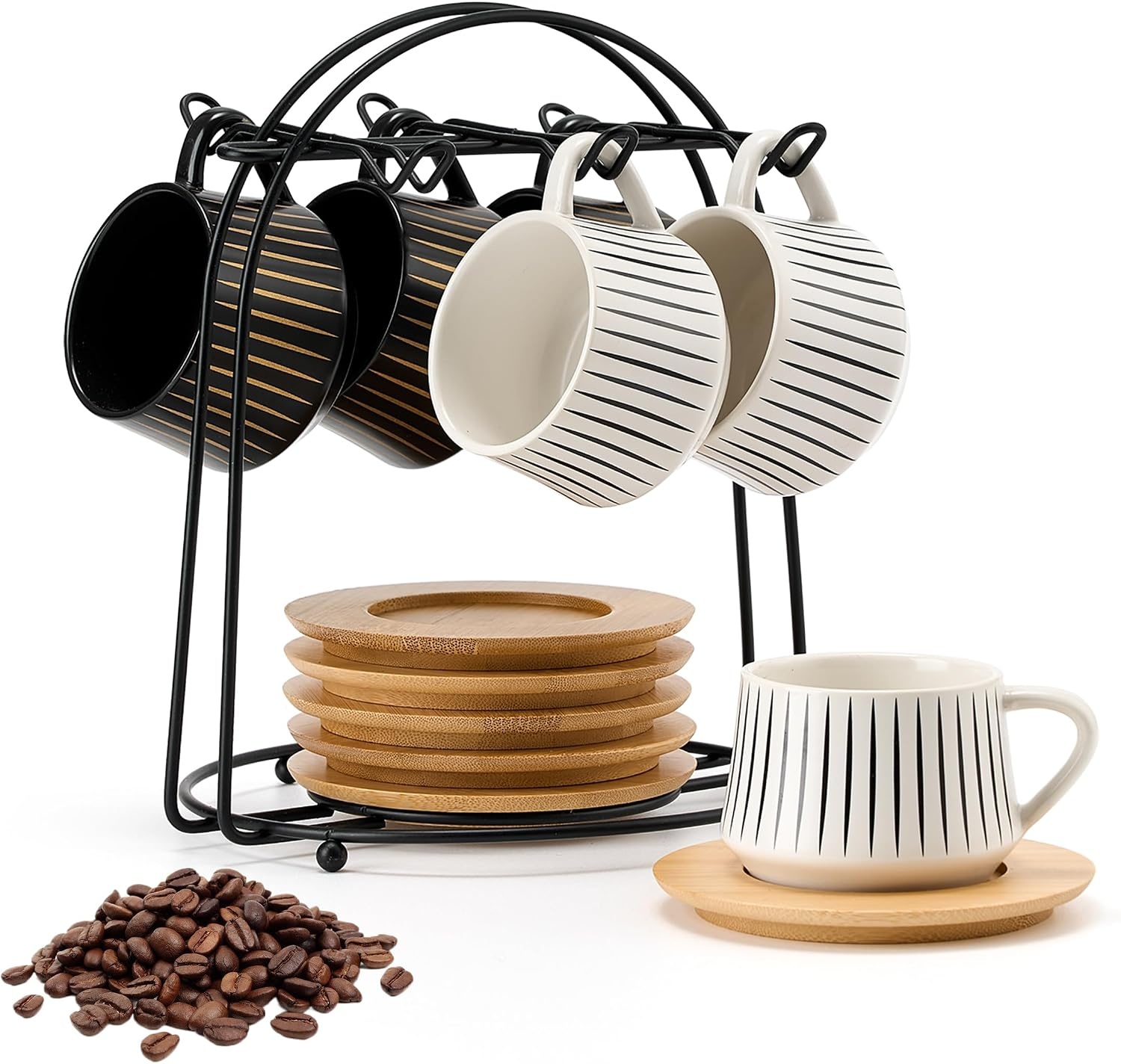 PORCER 6×130 ml(4.4 oz) Ceramic Coffee Cup & Saucer with Black Metal Stand Sets, Stackable Cappuccino, Espresso Cups for Specialty Coffee Drinks, Latte, Americano, Tea - Fun Colour, Reactive White