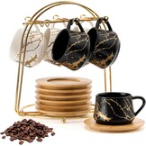 PORCER 6×130 ml(4.4 oz) Ceramic Coffee Cup & Saucer with Black Metal Stand Sets, Stackable Cappuccino, Espresso Cups for Specialty Coffee Drinks, Latte, Americano, Tea - Fun Colour, Reactive White
