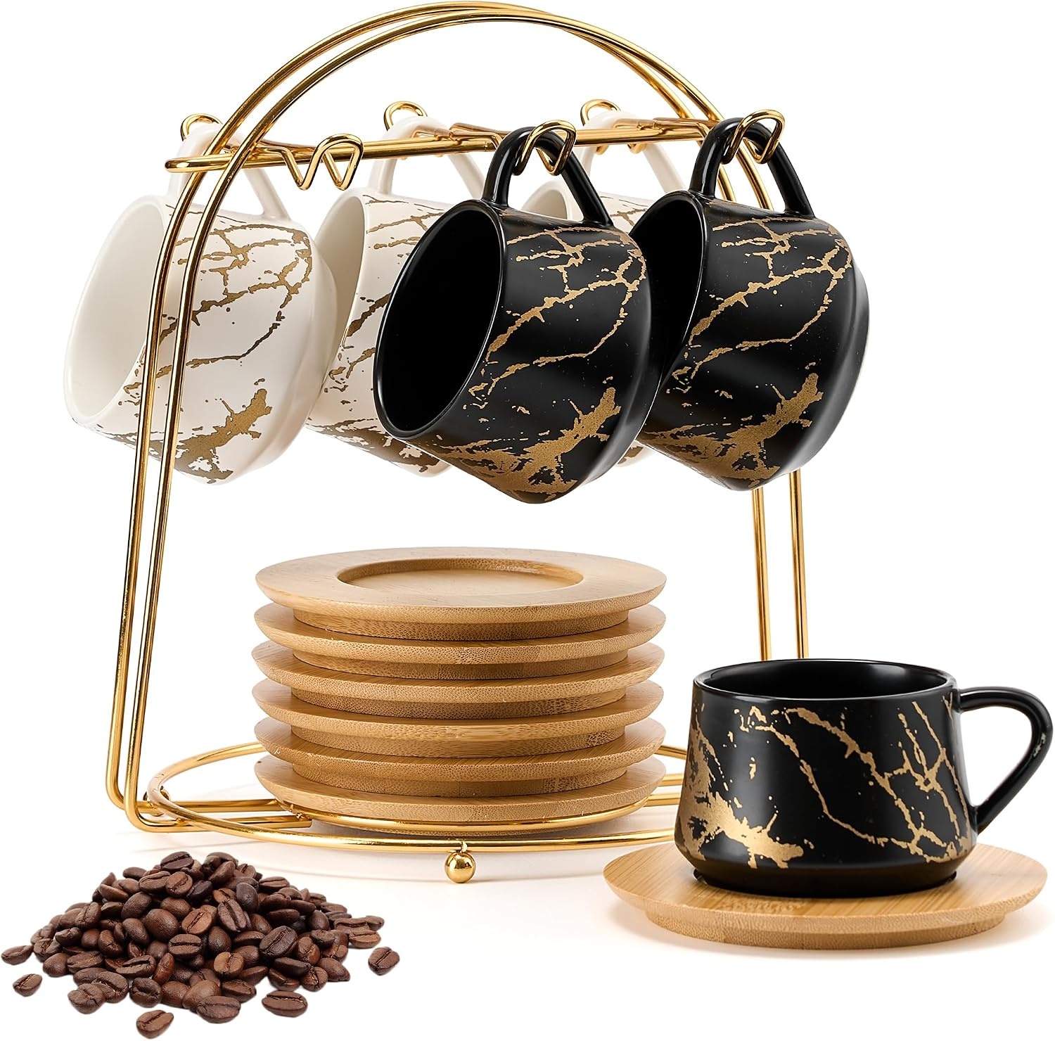 PORCER 6×130 ml(4.4 oz) Ceramic Coffee Cup & Saucer with Black Metal Stand Sets, Stackable Cappuccino, Espresso Cups for Specialty Coffee Drinks, Latte, Americano, Tea - Fun Colour, Reactive White