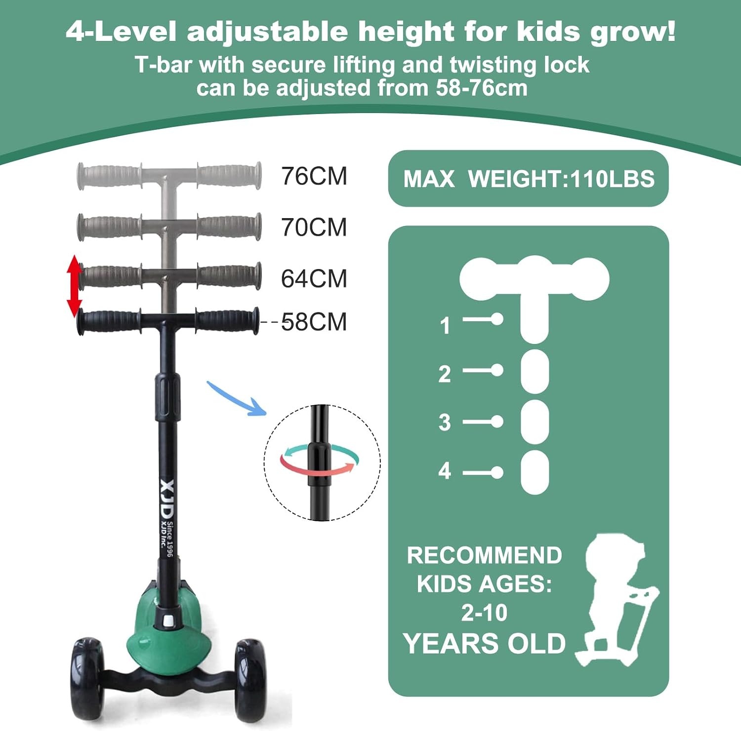 XJD Kinderstep, Kinderscooter voor 2-8 jaar, 3 led-wielen, kickboard, vergrendelbare richting, Kindersteppen, verstelbare stuurhoogte, licht, belastbaarheid tot 50 kg (groen)