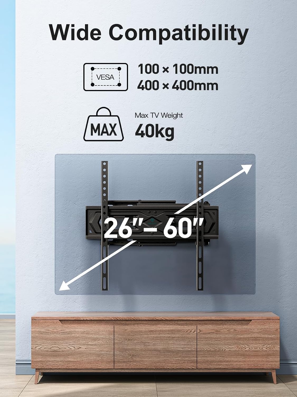 PERLESMITH TV Muurbeugel voor 26-60 Inch tv's, Draaibare TV Beugel tot 40 kg, 55 Inch TV-muurbeugel met Waterniveau, max. VESA 400 x 400 mm